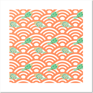 Green fishes in orange seigaiha waves Posters and Art